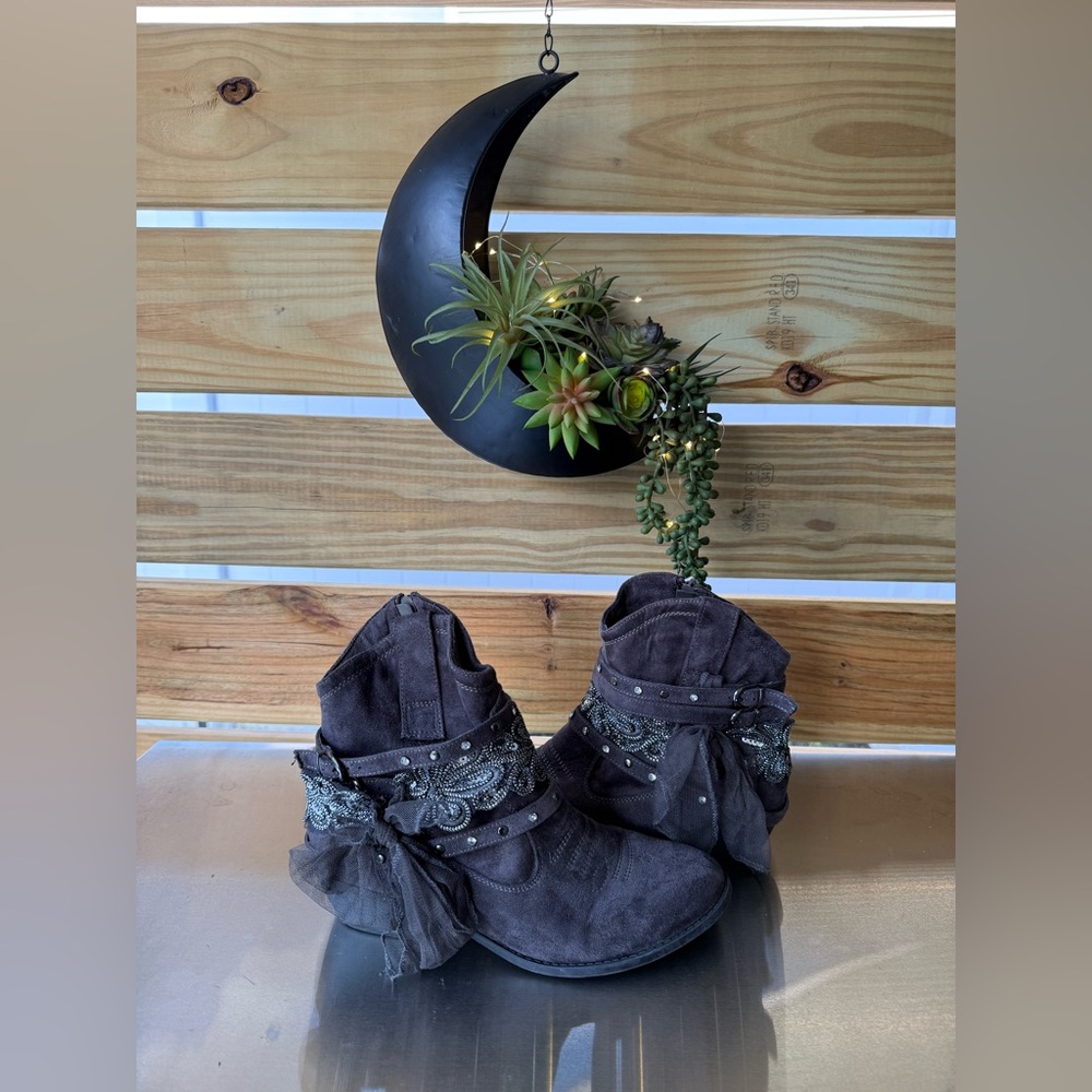 Not Rated Gray Ankle Boots with Lace and Bow